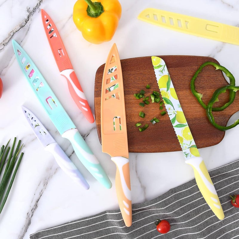 UPTRUST 10-piece Stainless Steel Kitchen Knife Set, Nonstick Coated with 5 Blade Guard, Multicolored Fruit Knives, Pioneer Woman Knife Sets - Image 3